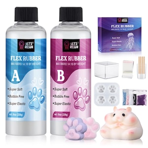 May include: Two clear bottles of flexible rubber resin, labeled 'A' and 'B', with a 1:1 mix ratio. The bottles are 8 ounces (230 grams) each. The resin is super soft, bubble free, and super elastic. The image also shows a small clear box, a silicone mold, and a small white fluffy toy.