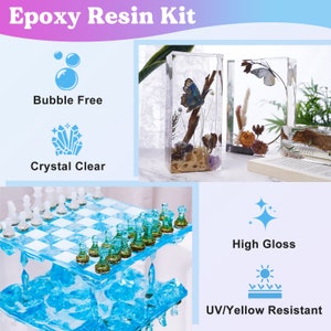 May include: Epoxy resin kit with a chessboard, butterfly, and dried flowers encased in clear resin. The kit features a high gloss finish and is UV/yellow resistant.