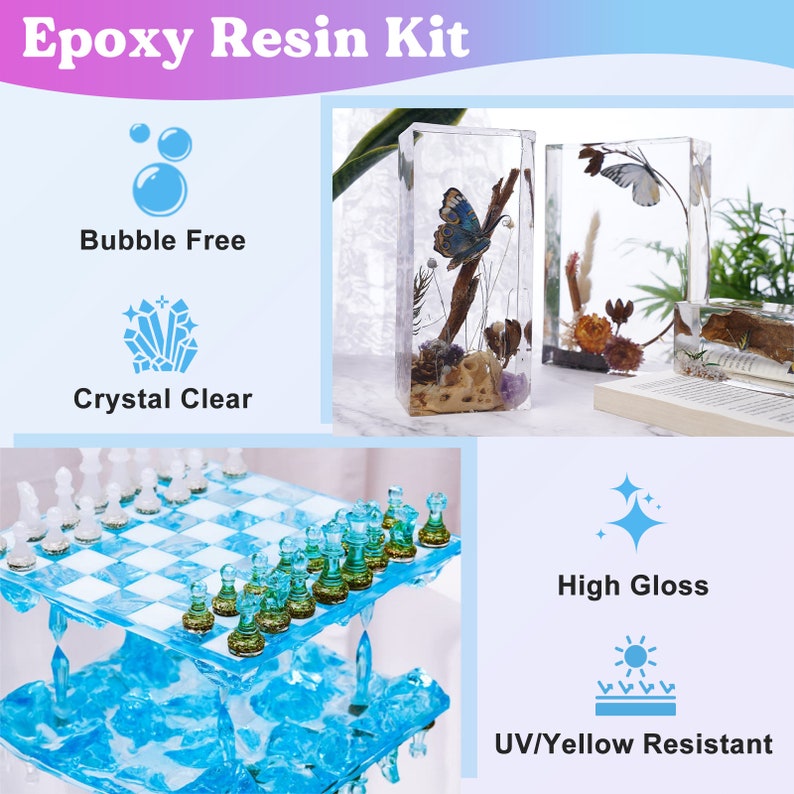 May include: Epoxy resin kit with a chessboard, butterfly, and dried flowers encased in clear resin. The kit features a high gloss finish and is UV/yellow resistant.