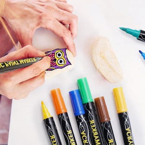 May include: A hand paints an owl on a rock with a black and green paint marker.  A set of six paint markers in various colors are laid out on a white surface.  The markers are labeled "Acrylic Paint Marker".
