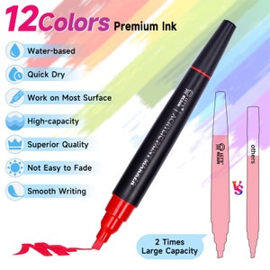 May include: A set of 12 acrylic paint markers with a black barrel and red caps. The markers have a large ink capacity and are water-based, quick drying, and work on most surfaces. The text "12colors Premium Ink" and "ACRYLIC PAINT MARKER" are printed on the barrel of the marker.