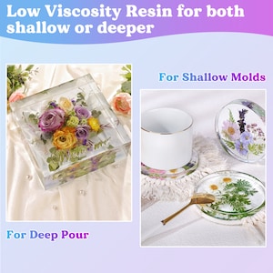 May include: Two resin crafts with dried flowers. A square resin block with dried flowers and the word "Welcome" inside. A round resin coaster with dried flowers on top of a white mug. The text "For Shallow Molds" is above the mug and "For Deep Pour" is below the square resin block.