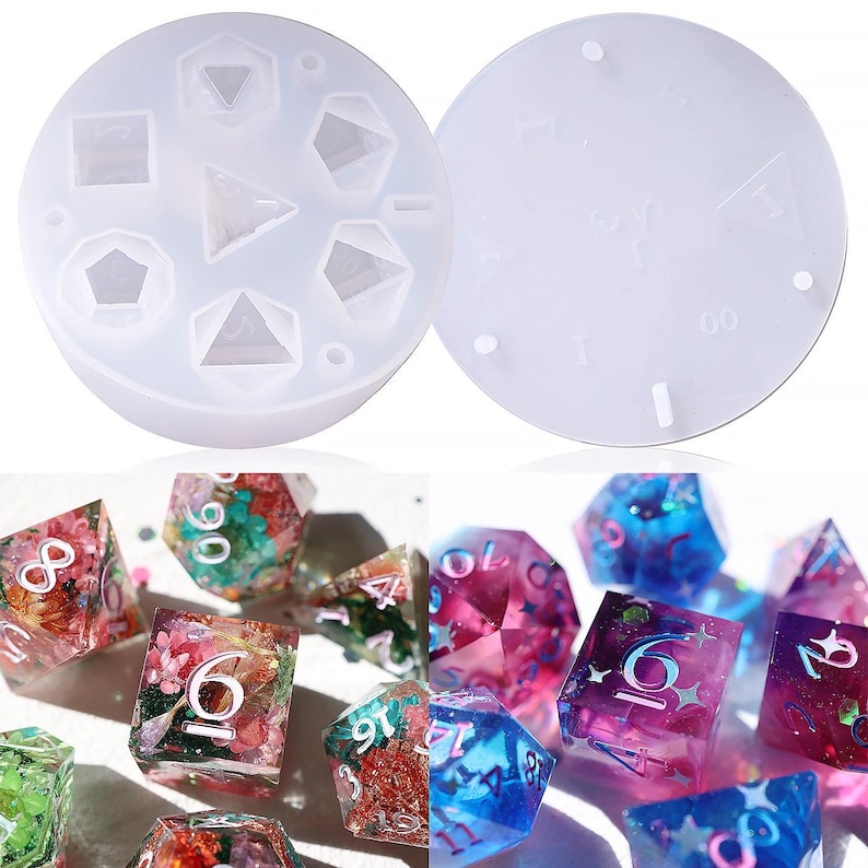 May include: A clear silicone mold with six different shaped cavities for making resin dice. The mold is shown next to a variety of colorful resin dice with different designs.