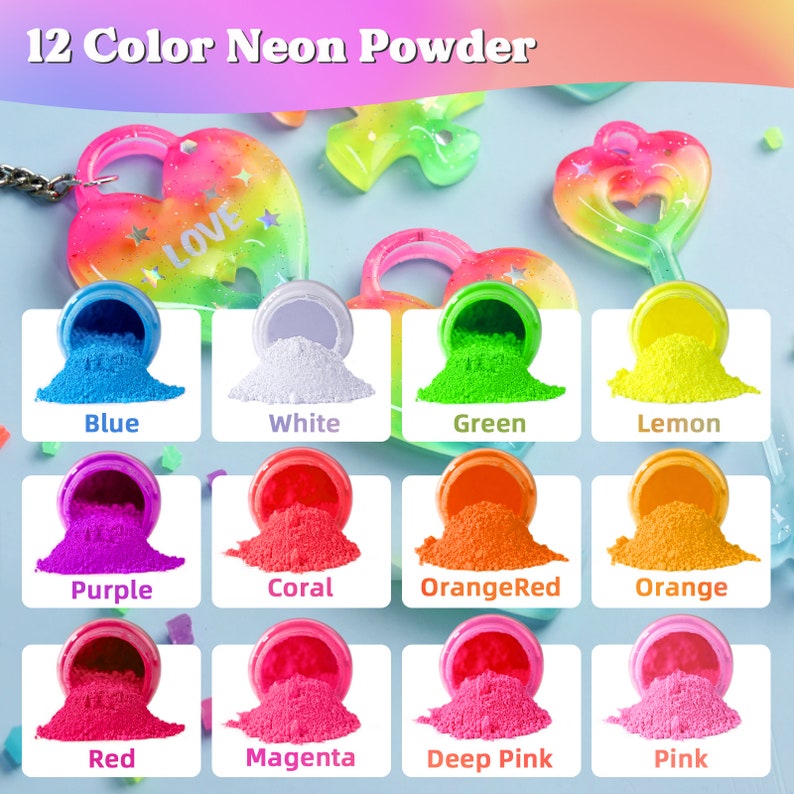 Neil's Powder Color LET'S RESIN Neon Pigment Powder,12colors Fluorescent Powder,10g/bottle ...