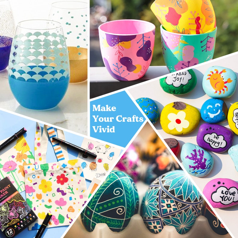 May include: A collection of craft supplies including paint markers, paint pens, and blank canvases. The image also shows painted rocks with various designs and phrases like "Read Joy!" and "Be Happy!"