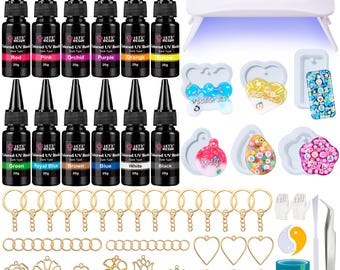 LET'S RESIN All-Inclusive Keychain Making Kit, 12-Color UV Resin Jewelry Making Kit for Beginners, Craft Decor