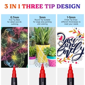 May include: Three red paint markers with different tip sizes: 0.7mm fine tip, 3mm round tip, and 1-5mm chisel tip. The markers are shown with examples of what each tip can create. The text "3 IN 1 THREE TIP DESIGN" is at the top of the image.