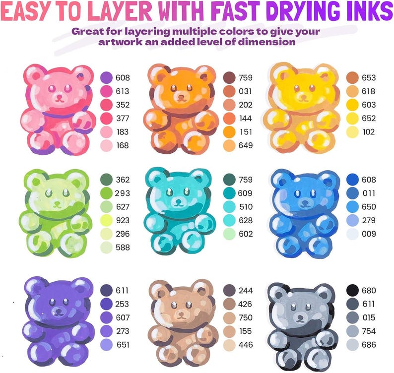 May include: A color chart featuring nine gummy bear illustrations in various colors, including pink, orange, yellow, green, blue, and purple. Each bear has a corresponding color palette with numbered swatches. Text at the top reads "EASY TO LAYER WITH FAST DRYING INKS."