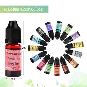 May include: Set of 16 small bottles of resin dye in various colors, including ruby red, emerald green, bright blue, and orange. Each bottle is 0.35 oz and labeled "Let's Resin" with the color name and "Resin Dye".