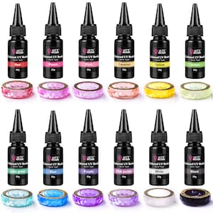 May include: A collection of colored UV resin bottles and matching resin rings. The bottles are labeled with colors like red, peach, pink, caramel, yellow, green, lake green, blue, purple, pink purple, white, and black. Each bottle contains 20g of resin.