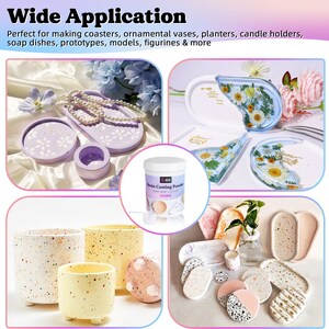 May include: A variety of resin crafts, including coasters, planters, and vases, are shown in the image. The crafts are made with a resin casting powder, which is also shown in the image. The resin crafts are decorated with different colors and patterns.