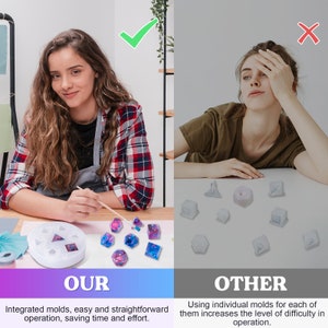 May include: A comparison of two methods for making resin dice. The left side shows a woman happily using a single mold to create multiple dice. The right side shows a woman frustrated with using individual molds for each die. The text on the left says "OUR" and "Integrated molds, easy and straightforward operation, saving time and effort." The text on the right says "OTHER" and "Using individual molds for each of them increases the level of difficulty in operation."