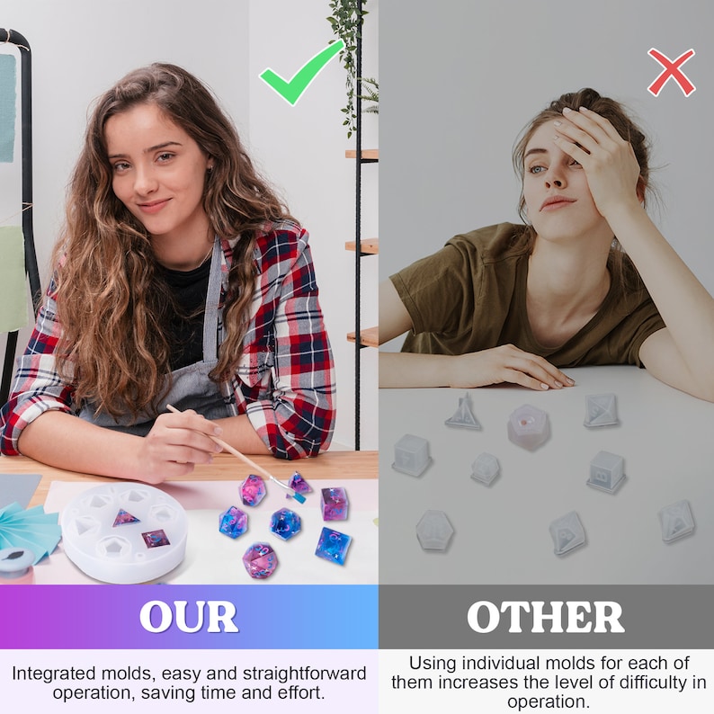 May include: A comparison of two methods for making resin dice. The left side shows a woman happily using a single mold to create multiple dice. The right side shows a woman frustrated with using individual molds for each die. The text on the left says "OUR" and "Integrated molds, easy and straightforward operation, saving time and effort." The text on the right says "OTHER" and "Using individual molds for each of them increases the level of difficulty in operation."