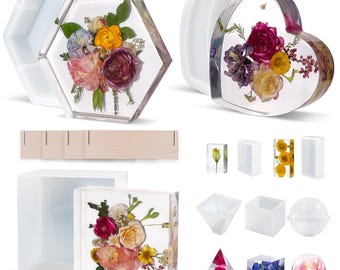 LET'S RESIN Silicone Mold, Flower Preservation Epoxy Molds, Heart, Hexagon, Square-8pcs