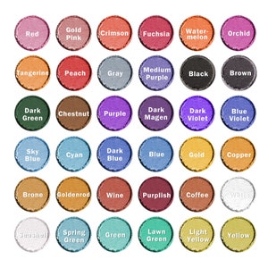Pu&ograve; includere: Una cartella colori con 36 campioni rotondi di ombretto. I colori includono rosso, oro, rosa, cremisi, fucsia, anguria, orchidea, mandarino, pesca, grigio, viola medio, nero, marrone, verde scuro, castagna, viola, magenta scuro, viola scuro, viola blu, azzurro, ciano, blu scuro, blu, oro, rame, bronzo, giallo dorato, vino, violaceo, caff&egrave;, bianco, conchiglia, verde primavera, verde, verde prato, giallo chiaro e giallo.