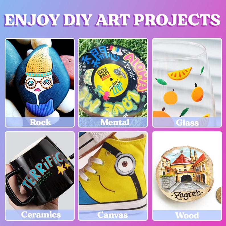 May include: A collection of six different items painted with acrylic paint. The items include a rock, a vinyl record, a glass, a ceramic mug, a canvas shoe, and a wooden plaque. The items are all painted with different designs and colors. The text on the mug reads "TERRIFIC". The text on the wooden plaque reads "Zagreb".
