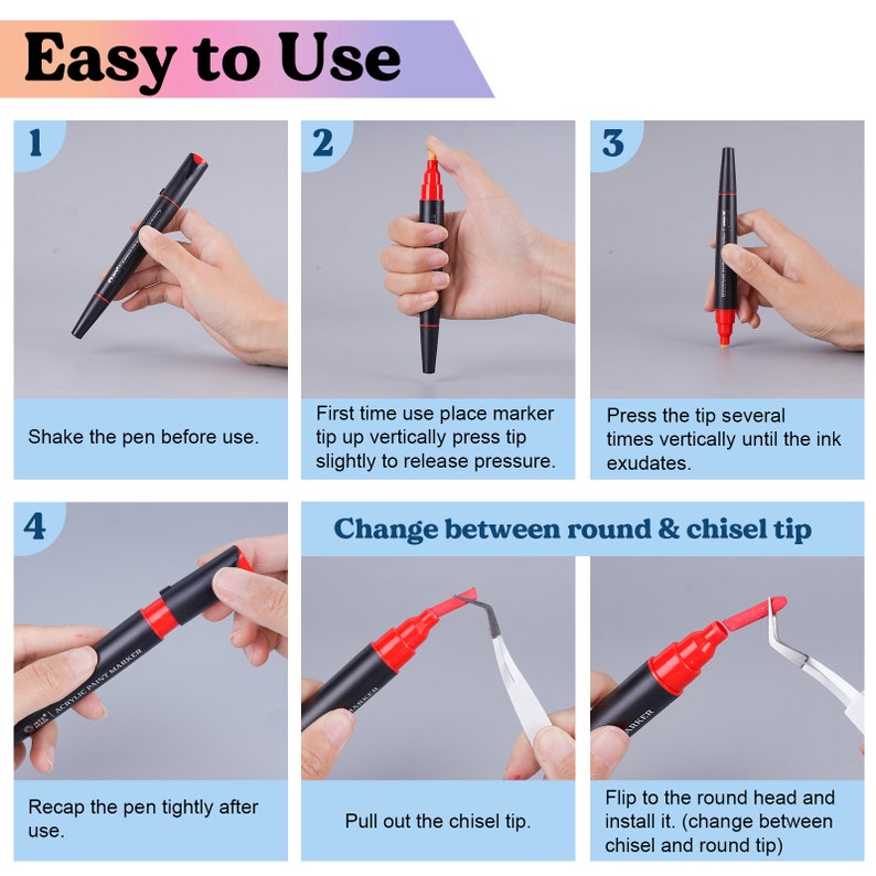 May include: Instructions on how to use a dual-tip paint marker. The marker has a round tip and a chisel tip. The instructions show how to shake the marker, press the tip, and change between the tips.
