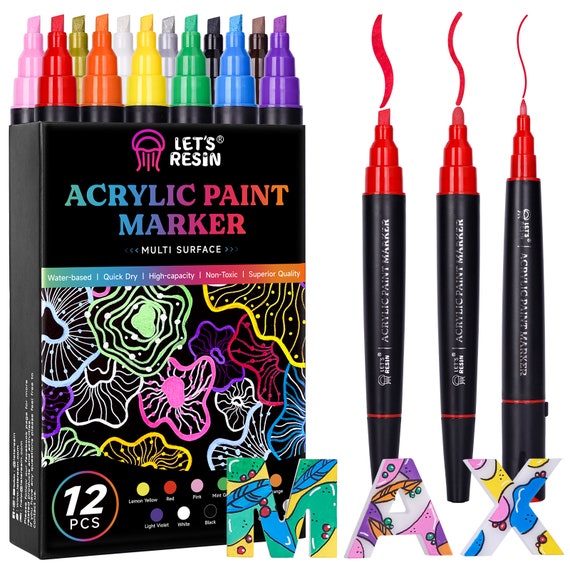 LET'S RESIN 12 Colors Acrylic Paint Markers,3 Tips High-Capacity Acrylic Paint Pens, Resin Supplies for Resin Crafts,Rock,Stone,Canvas,Glass