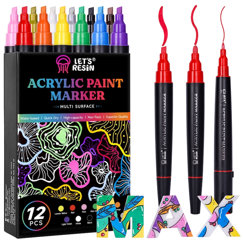 May include: A set of 12 acrylic paint markers in a variety of colors, including red, orange, yellow, green, blue, purple, pink, black, white, and light violet. The markers are packaged in a box with the text "Let's Resin Acrylic Paint Marker" and "Multi Surface".