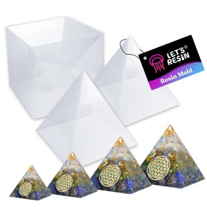 May include: Set of four clear silicone pyramid molds for resin casting. The molds are in different sizes and are shown with finished resin pyramids filled with colorful crystals and a gold flower of life design. The label reads "Let's Resin Resin Mold".