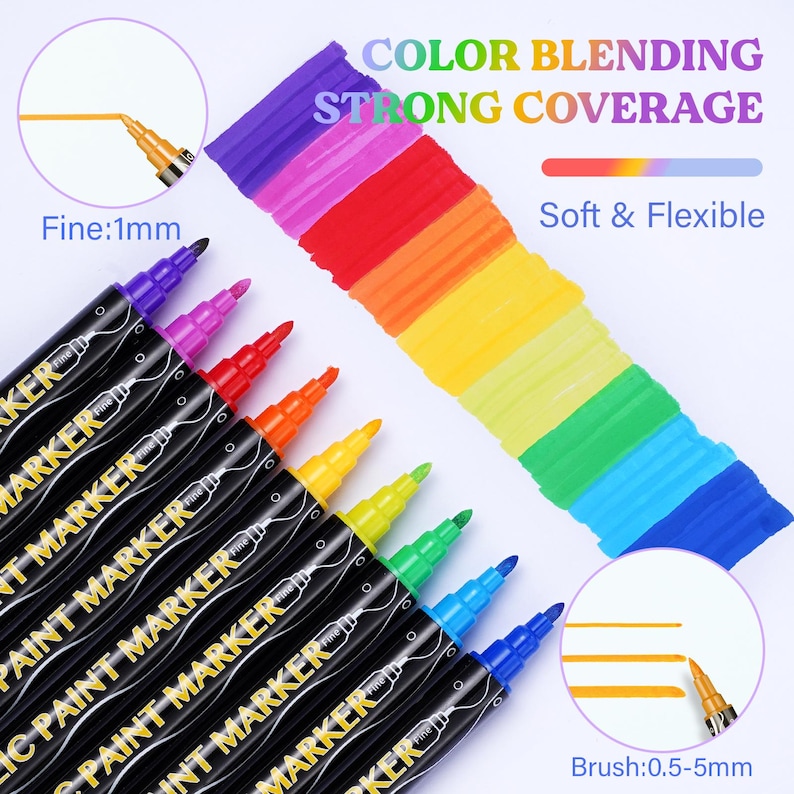 May include: Set of ten black paint markers with fine and brush tips. The markers have a rainbow color gradient with the text "Fine: 1mm" and "Brush: 0.5-5mm" on the image. The text "Color Blending Strong Coverage" and "Soft & Flexible" are also visible.