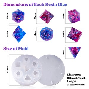 May include: A set of six resin dice in various shapes and sizes, including a d4, d6, d8, d10, d12, and d20. The dice are translucent and have a galaxy-like pattern with pink and blue colors. The dice are displayed on a white background with measurements in millimeters. The image also shows a silicone mold for making resin dice, with a diameter of 100mm and a height of 25mm.