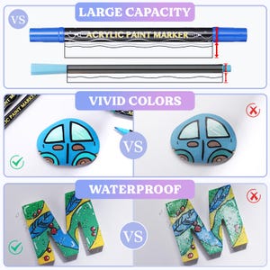 May include: A comparison of two acrylic paint markers. The top image shows the markers side-by-side with the text "LARGE CAPACITY" and "ACRYLIC PAINT MARKER". The middle image shows two painted rocks, one with a blue car and the other with a faded car. The text "VIVID COLORS" is above the rocks. The bottom image shows two painted letters, one with vibrant colors and the other with faded colors. The text "WATERPROOF" is above the letters. The text "VS" appears in each image.