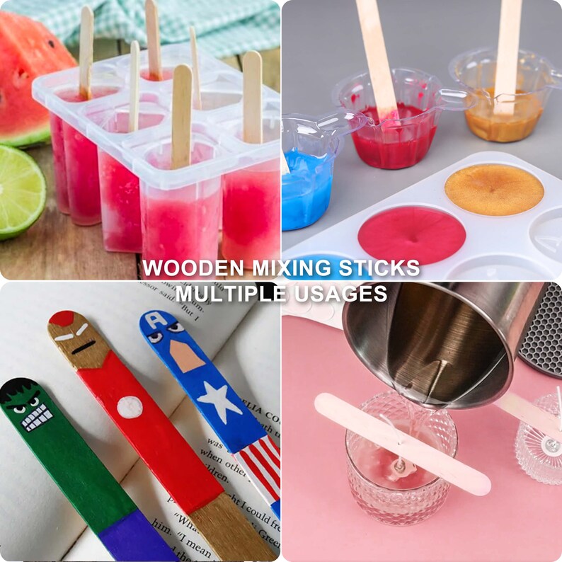 May include: Wooden mixing sticks with multiple uses. The sticks are shown being used to stir popsicles, candy, and candles. The sticks are painted with various colors and designs, including red, blue, green, and yellow.