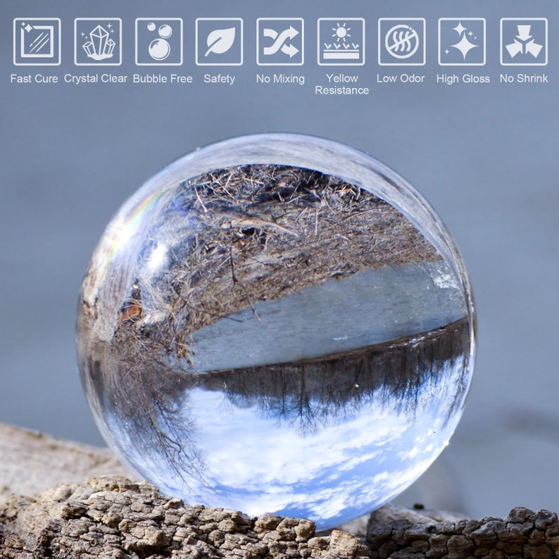 May include: A clear glass sphere, also known as a crystal ball, is resting on a piece of tree bark. The sphere is reflecting a blue sky with white clouds and a river with trees on the banks.