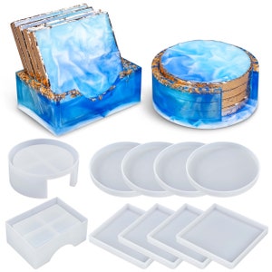 LET'S RESIN Coaster Mold Kit with 10pcs Square and Round Coaster Molds Set, Coaster Holder Molds for Resin Casting,Cups Mats,Home Decoration