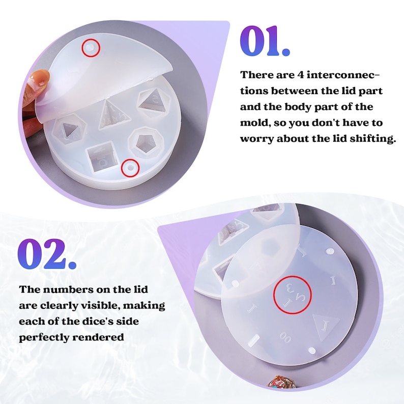 May include: A two-piece silicone mold for making dice. The mold is open to show the interior, which has six individual molds for dice. The mold is white and has a smooth surface. The mold is designed to create dice with numbers on each side. The numbers are clearly visible in the mold.