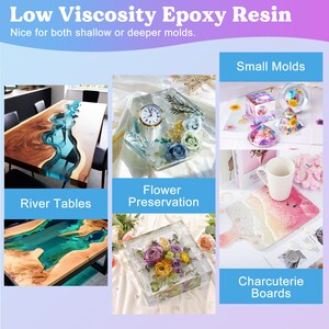May include: Low viscosity epoxy resin for crafting projects.  The image shows examples of resin art, including river tables, flower preservation, small molds, and charcuterie boards.