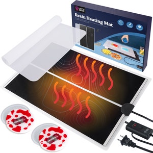 May include: A black heating mat with a red and orange design, a white silicone sheet, and two red and white silicone pads. The mat has a cord with a plug and a control switch. The box says "Let's Resin Resin Heating Mat".
