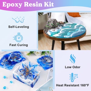 May include: Epoxy resin kit with self-leveling, fast curing, low odor, and heat resistant properties. The kit includes a clear resin, a hardener, and a mixing cup. The resin can be used to create a variety of projects, such as coasters, jewelry, and art.