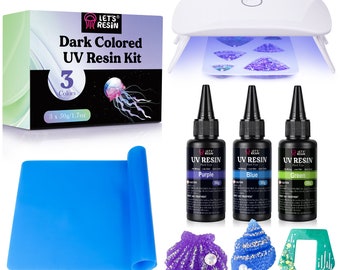 Let's Resin, 150 g de résine UV avec lumière, 3 couleurs (bleu, vert, violet) Kit de résine UV colorée avec lumière et grand tapis en silicone pour la fabrication de bijoux