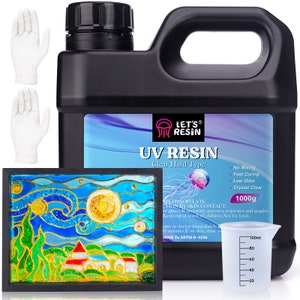 May include: A clear plastic bottle of UV resin with a black lid and a label that says "LET'S® RESIN UV RESIN Clear Hard Type". The bottle is next to a measuring cup and a framed piece of artwork with a stained glass design. The label also says "No Mixing, Fast Curing, Low Odor, Crystal Clear, 1000g".