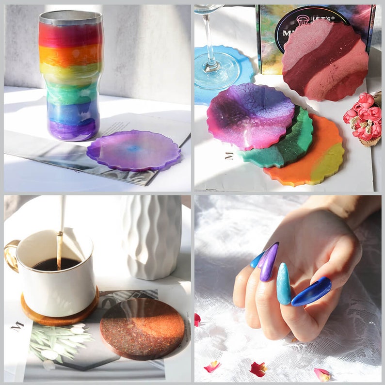 Pu&ograve; includere: Set di sei sottobicchieri in resina colorati con una variet&agrave; di disegni astratti. I sottobicchieri sono rotondi e hanno un bordo leggermente irregolare. I colori includono viola, blu, verde, arancione e rosso. I sottobicchieri sono perfetti per proteggere i tuoi mobili da graffi e schizzi.