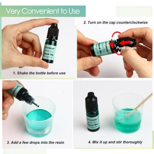May include: Four steps for using resin dye.  Step 1: Shake the bottle before use. Step 2: Turn the cap counterclockwise. Step 3: Add a few drops into the resin. Step 4: Mix it up and stir thoroughly.