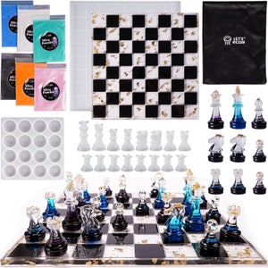 LET'S RESIN Chess Molds for Resin Casting, Upgraded Resin Chess Set Mold with 16 Piece 3D Full Size Chess Checkers & Chess Board Molds