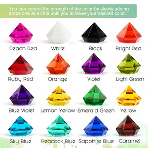 May include: A set of 14 colorful diamond-shaped resin pieces, each representing a different color. The colors include peach red, white, black, bright red, ruby red, orange, violet, light green, blue violet, lemon yellow, emerald green, yellow, sky blue, peacock blue, sapphire blue, and caramel.