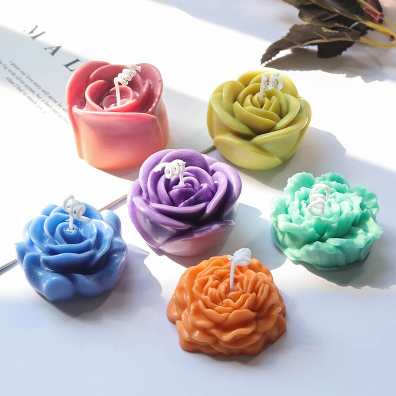 Pu&ograve; includere: Sei candele colorate a forma di rosa con stoppini bianchi. Le candele sono disposte in cerchio su una superficie bianca. I colori delle candele sono rosa, giallo, viola, blu, verde e arancione.