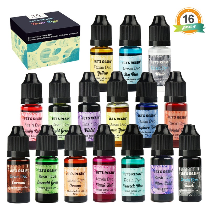 May include: Set of 16 small bottles of resin dye in various colors, including yellow, sky blue, white, ruby red, light green, violet, lemon yellow, sapphire blue, bright red, caramel, emerald green, orange, peach red, peacock blue, blue violet, and black. Each bottle is labeled "Let's Resin" and contains 10 ml of dye. Shake before use.