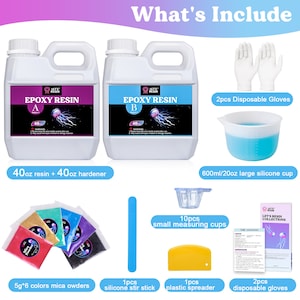 May include: Epoxy resin kit with two 40 ounce bottles, one labeled 'A' and the other 'B', along with a large silicone cup, 10 small measuring cups, a plastic spreader, a silicone stir stick, 6 colors of mica powder, and two pairs of disposable gloves.
