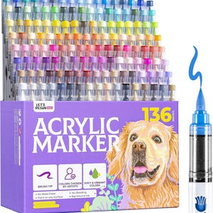 May include: A set of 136 acrylic markers in a variety of colors, displayed in a purple box with a golden retriever illustration. The box features text that reads "ACRYLIC MARKER" and details about the markers, including "Brush Tip" and "Juicy & Vibrant Colors."
