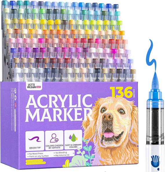 LET'S RESIN PAINT 136 Colors Acrylic Paint Markers Direct Liquid, Brush Tip Acrylic Paint Pens, Water-Based Acrylic Markers for Drawing
