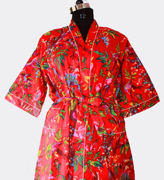 Red bird Print Women Kimono/robe TROPICAL Bridal Robe Getting | Etsy