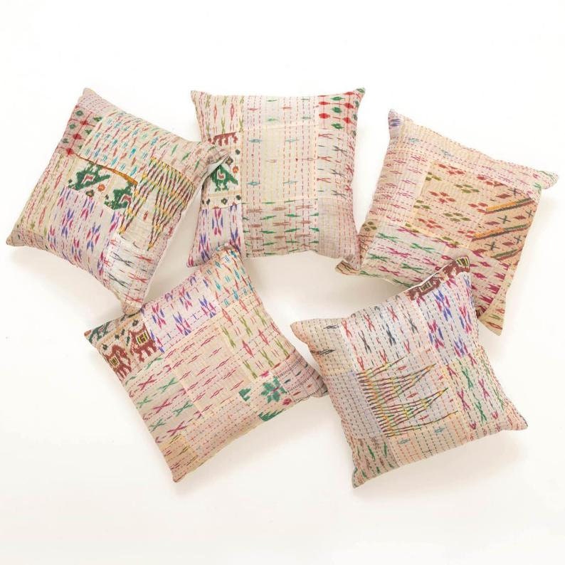 Peach - Set of 2 Kantha Stitch Cotton Pillow Covers 25