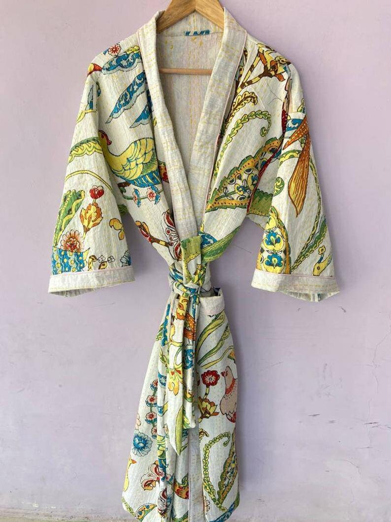 Kimono cotton Flower Print kantha kimono Robes Gift for lover | Etsy
