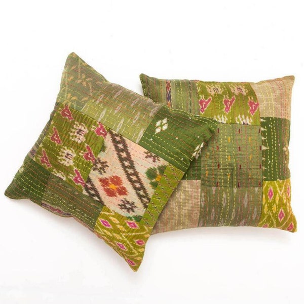 Green Kantha Pillow Cover Set, Kantha Cushion Cover, Sari Pillow Case, Handmade Embroidered Pillow, Decorative Throw Pillow Cover