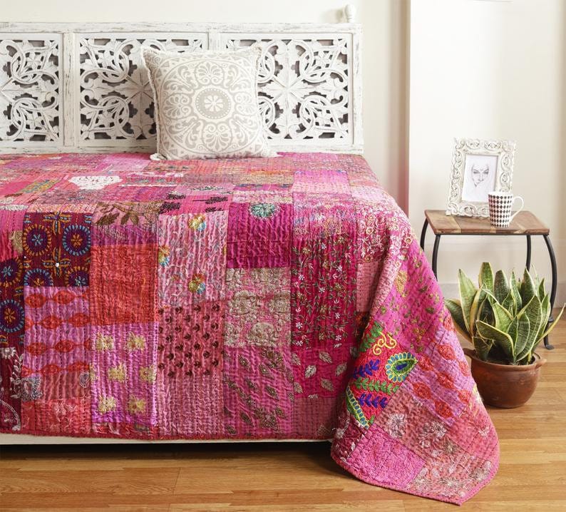 Indian Handmade Pink Fruit Queen Size Reversible Kantha Quilt Ethnic Bedspread 
